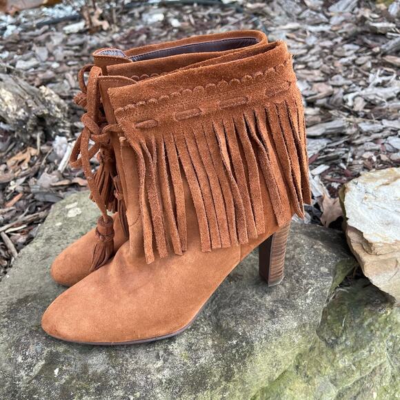 See by Chloe Irina Fringe Heeled Ankle Boots Suede Brown Leather Size 38 or 8 - Picture 5 of 6
